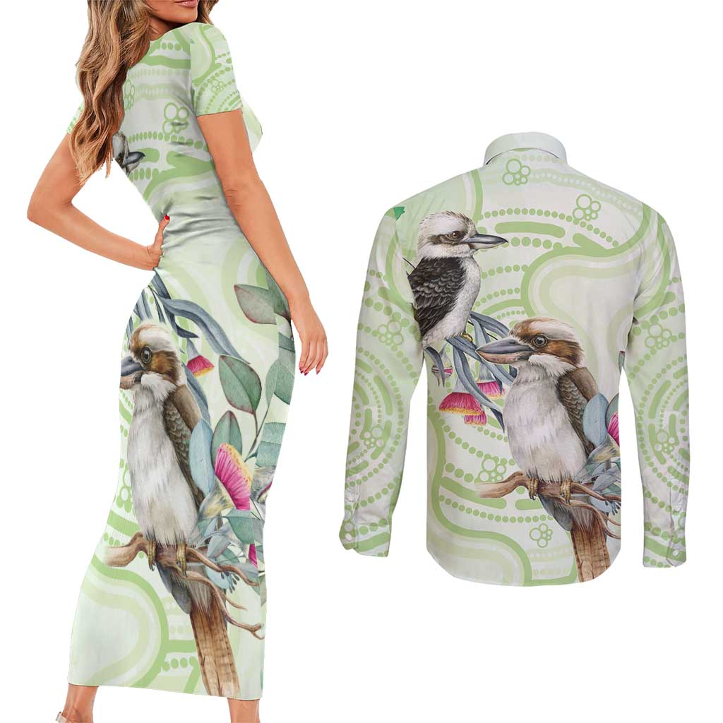 Australia Gumtree And Kookaburra Couples Matching Short Sleeve Bodycon Dress and Long Sleeve Button Shirt Aboriginal Art - Watercolor Style