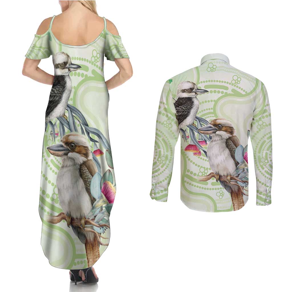 Australia Gumtree And Kookaburra Couples Matching Summer Maxi Dress and Long Sleeve Button Shirt Aboriginal Art - Watercolor Style
