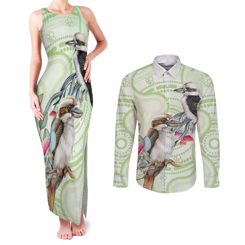 Australia Gumtree And Kookaburra Couples Matching Tank Maxi Dress and Long Sleeve Button Shirt Aboriginal Art - Watercolor Style