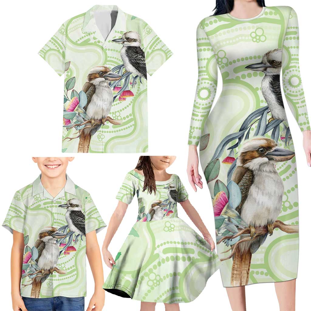 Australia Gumtree And Kookaburra Family Matching Long Sleeve Bodycon Dress and Hawaiian Shirt Aboriginal Art - Watercolor Style