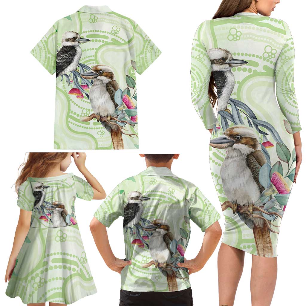 Australia Gumtree And Kookaburra Family Matching Long Sleeve Bodycon Dress and Hawaiian Shirt Aboriginal Art - Watercolor Style