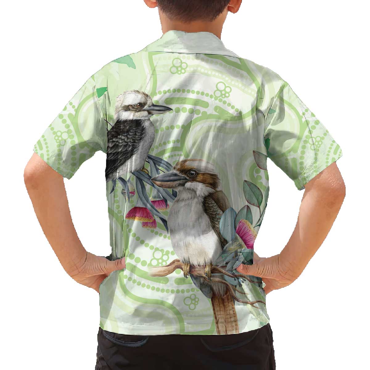 Australia Gumtree And Kookaburra Family Matching Off The Shoulder Long Sleeve Dress and Hawaiian Shirt Aboriginal Art - Watercolor Style