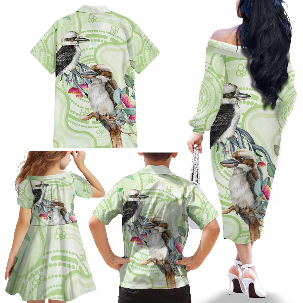 Australia Gumtree And Kookaburra Family Matching Off The Shoulder Long Sleeve Dress and Hawaiian Shirt Aboriginal Art - Watercolor Style