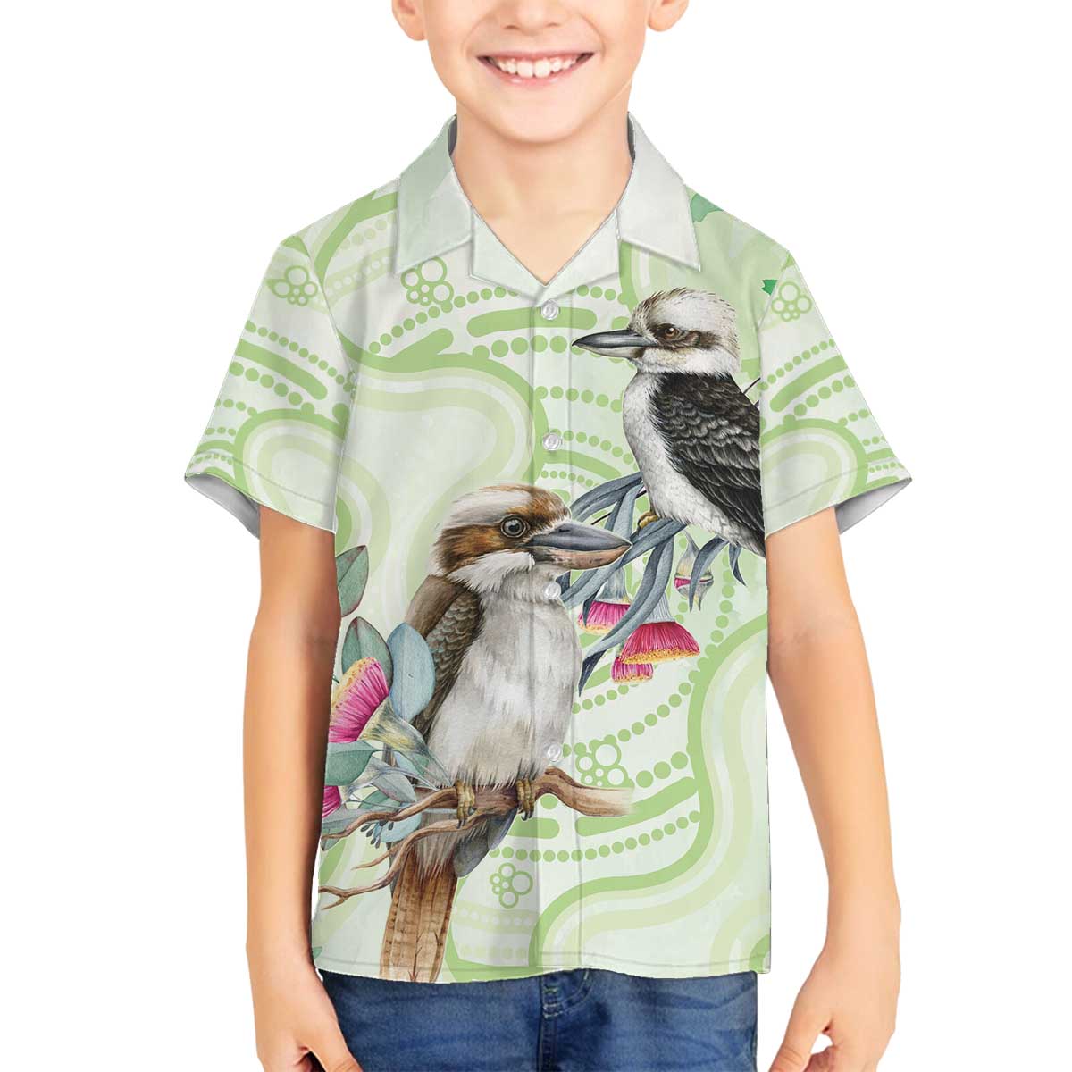 Australia Gumtree And Kookaburra Family Matching Off The Shoulder Long Sleeve Dress and Hawaiian Shirt Aboriginal Art - Watercolor Style