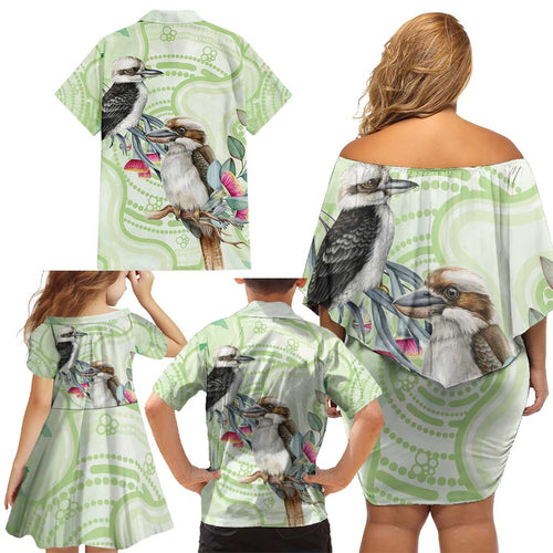 Australia Gumtree And Kookaburra Family Matching Off Shoulder Short Dress and Hawaiian Shirt Aboriginal Art - Watercolor Style