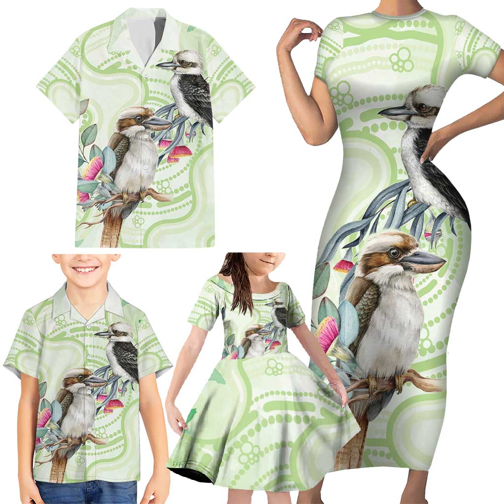 Australia Gumtree And Kookaburra Family Matching Short Sleeve Bodycon Dress and Hawaiian Shirt Aboriginal Art - Watercolor Style
