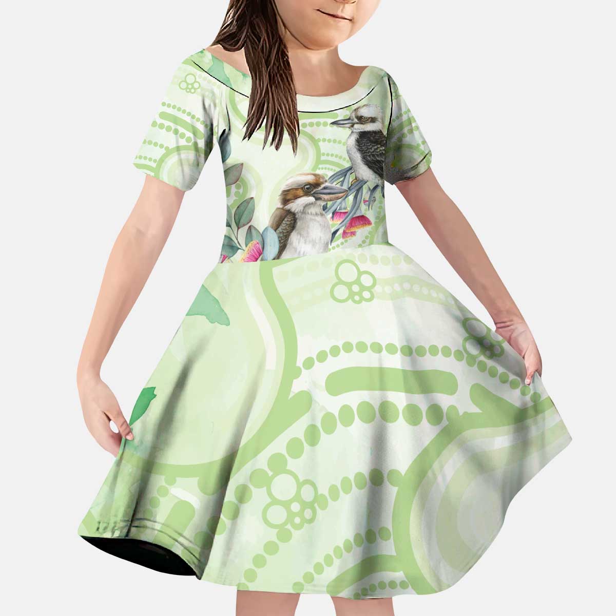 Australia Gumtree And Kookaburra Kid Short Sleeve Dress Aboriginal Art - Watercolor Style