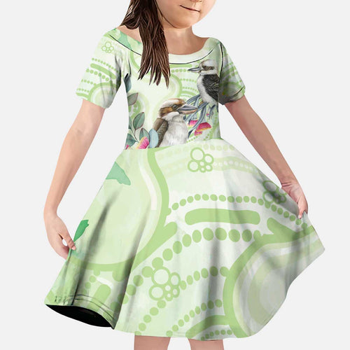 Australia Gumtree And Kookaburra Kid Short Sleeve Dress Aboriginal Art - Watercolor Style