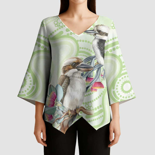 Australia Gumtree And Kookaburra Kimono Sleeve Blouse Aboriginal Art - Watercolor Style - Aussie Hoodie