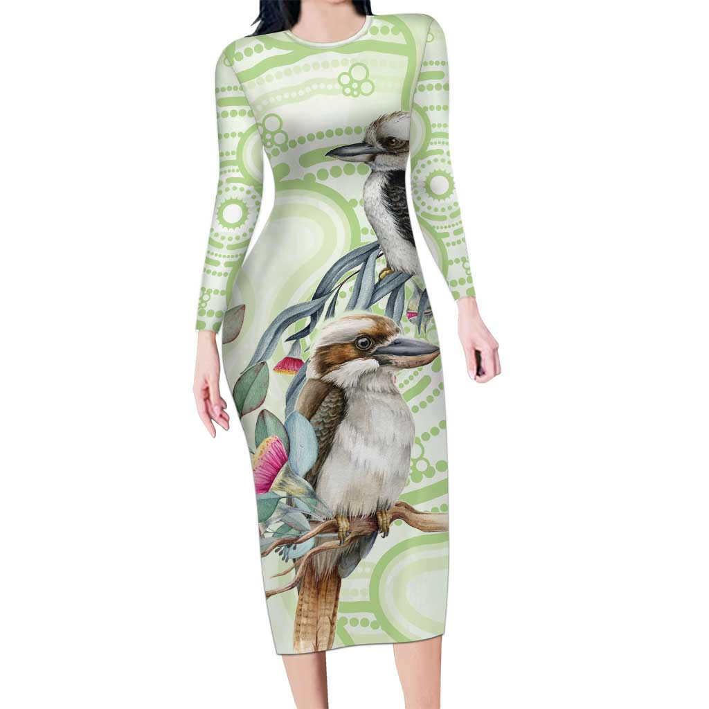 Australia Gumtree And Kookaburra Long Sleeve Bodycon Dress Aboriginal Art - Watercolor Style