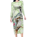 Australia Gumtree And Kookaburra Long Sleeve Bodycon Dress Aboriginal Art - Watercolor Style