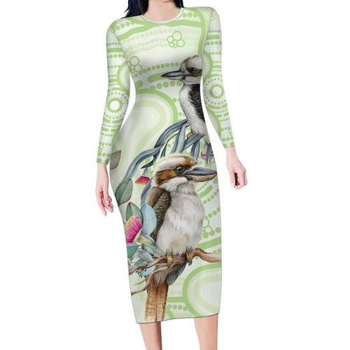 Australia Gumtree And Kookaburra Long Sleeve Bodycon Dress Aboriginal Art - Watercolor Style