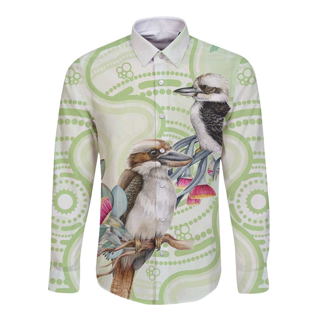 Australia Gumtree And Kookaburra Long Sleeve Button Shirt Aboriginal Art - Watercolor Style