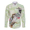 Australia Gumtree And Kookaburra Long Sleeve Button Shirt Aboriginal Art - Watercolor Style