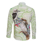 Australia Gumtree And Kookaburra Long Sleeve Button Shirt Aboriginal Art - Watercolor Style