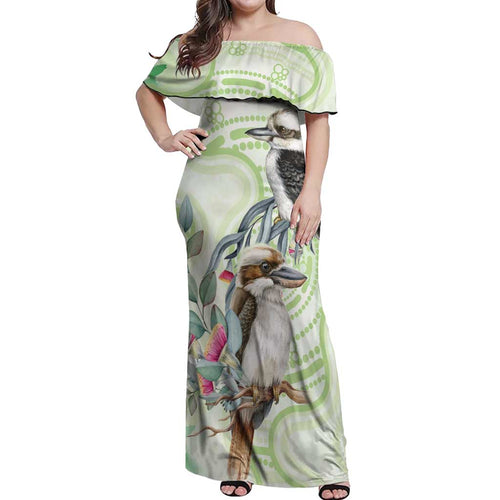 Australia Gumtree And Kookaburra Off Shoulder Maxi Dress Aboriginal Art - Watercolor Style