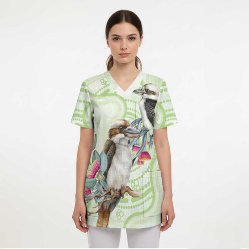 Australia Gumtree And Kookaburra Scrub Top Aboriginal Art - Watercolor Style - Aussie Hoodie