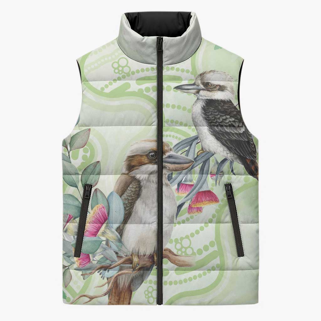 Australia Gumtree And Kookaburra Sleeveless Puffer Jacket Aboriginal Art - Watercolor Style - Aussie Hoodie
