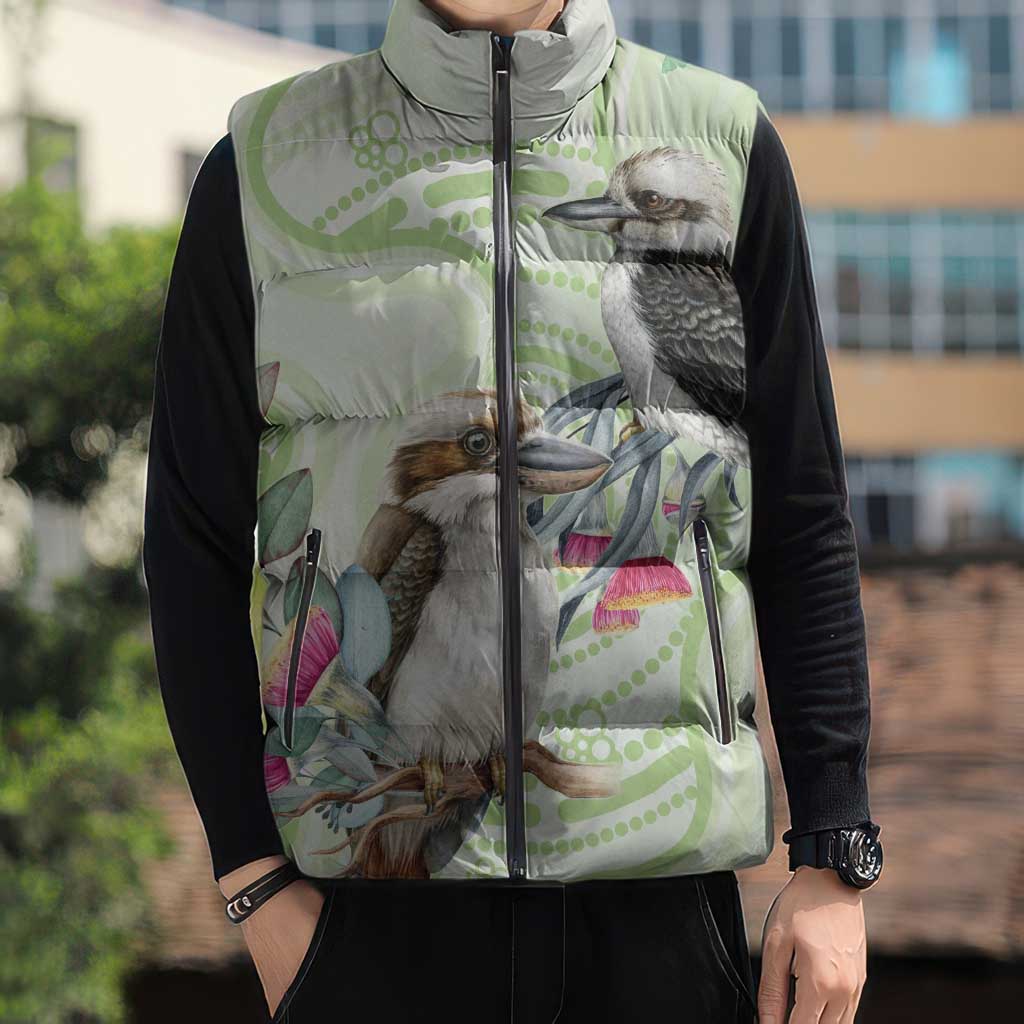 Australia Gumtree And Kookaburra Sleeveless Puffer Jacket Aboriginal Art - Watercolor Style - Aussie Hoodie