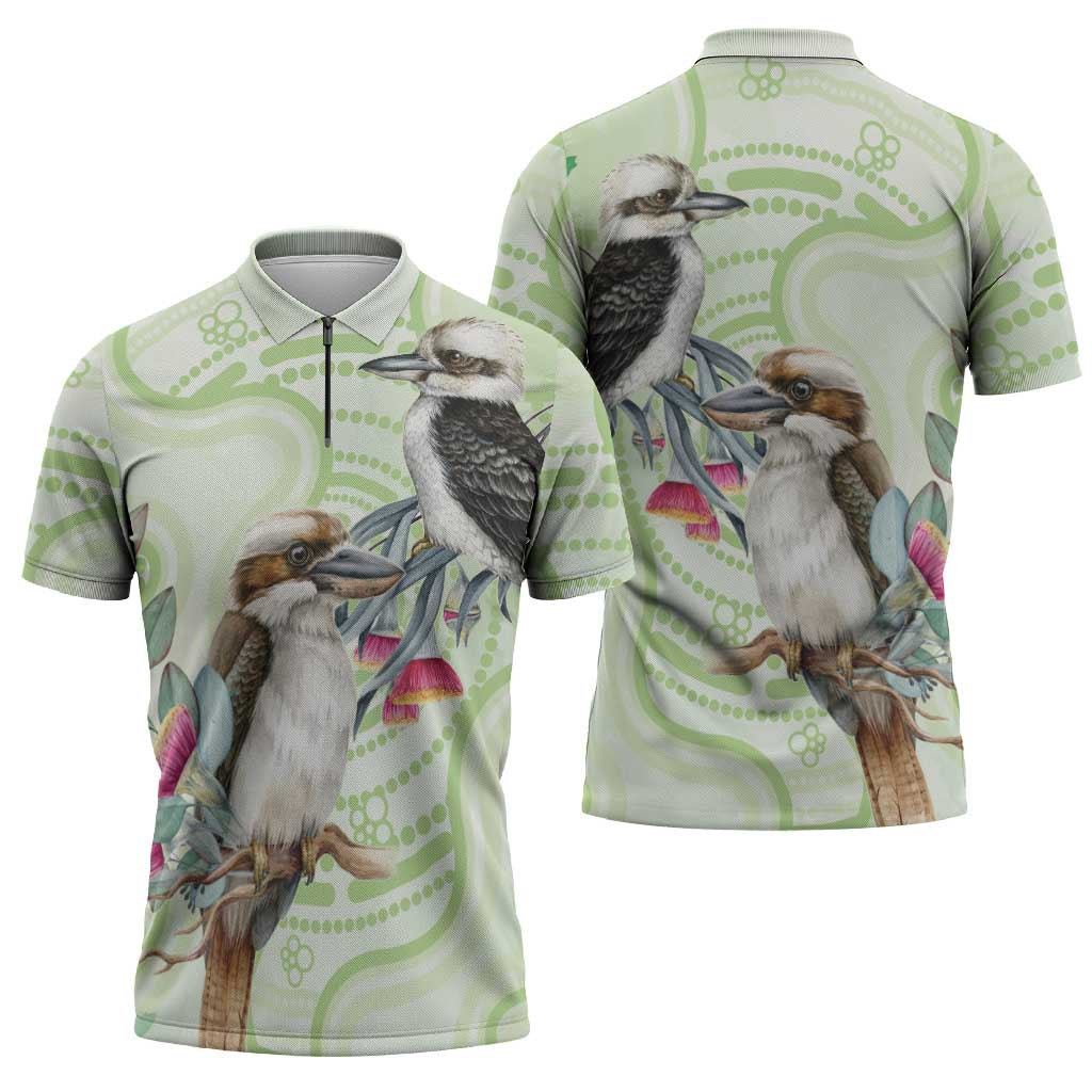 Australia Gumtree And Kookaburra Zipper Polo Shirt Aboriginal Art - Watercolor Style - Aussie Hoodie