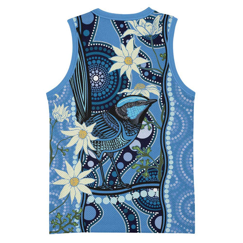 Australia Flannel Flower With Superb Fairy-wren Basketball Jersey Aboriginal Art - Aussie Hoodie