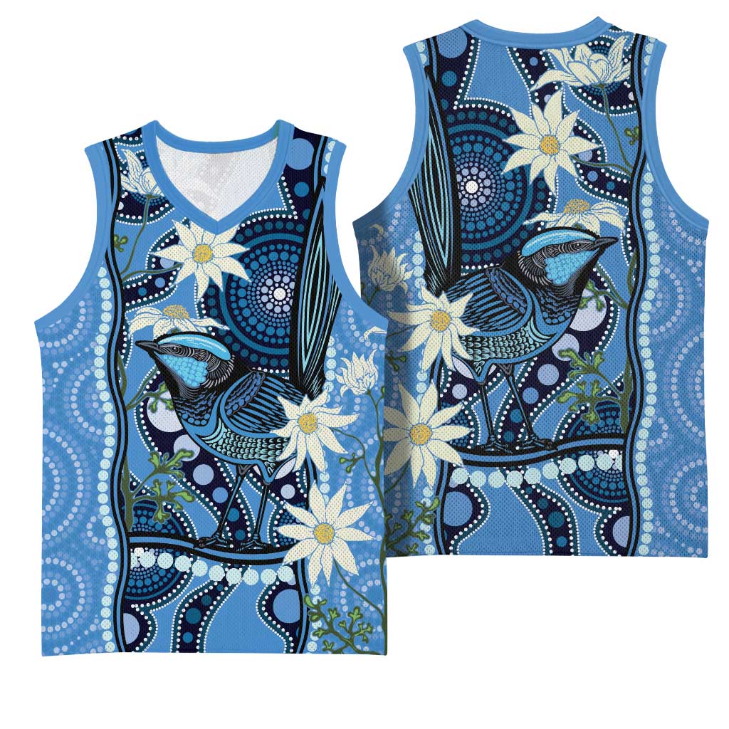 Australia Flannel Flower With Superb Fairy-wren Basketball Jersey Aboriginal Art - Aussie Hoodie