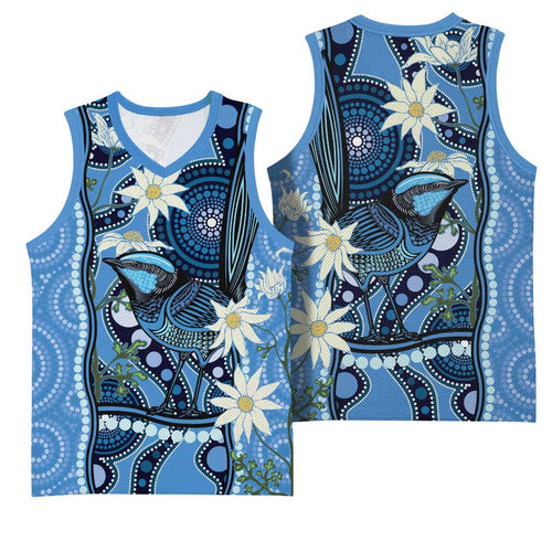 Australia Flannel Flower With Superb Fairy-wren Basketball Jersey Aboriginal Art - Aussie Hoodie