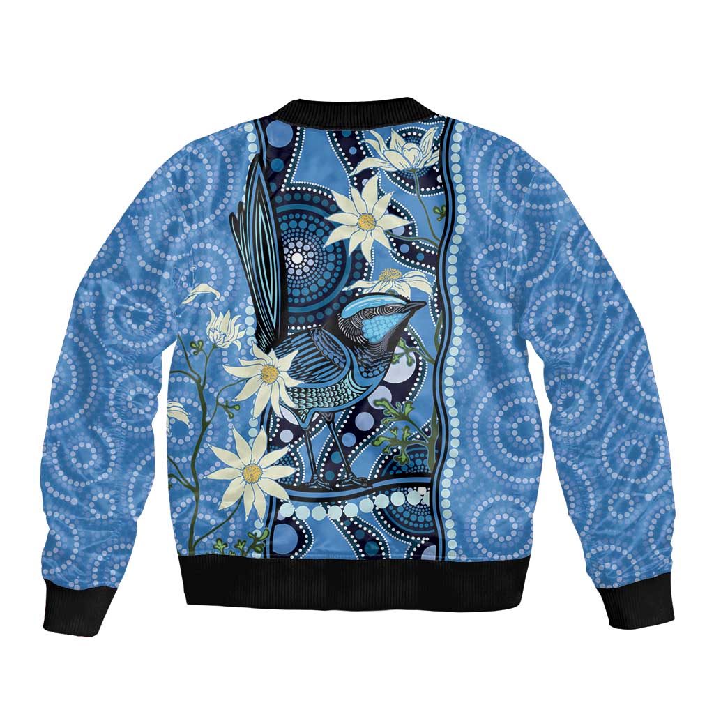Australia Flannel Flower With Superb Fairy-wren Bomber Jacket Aboriginal Art