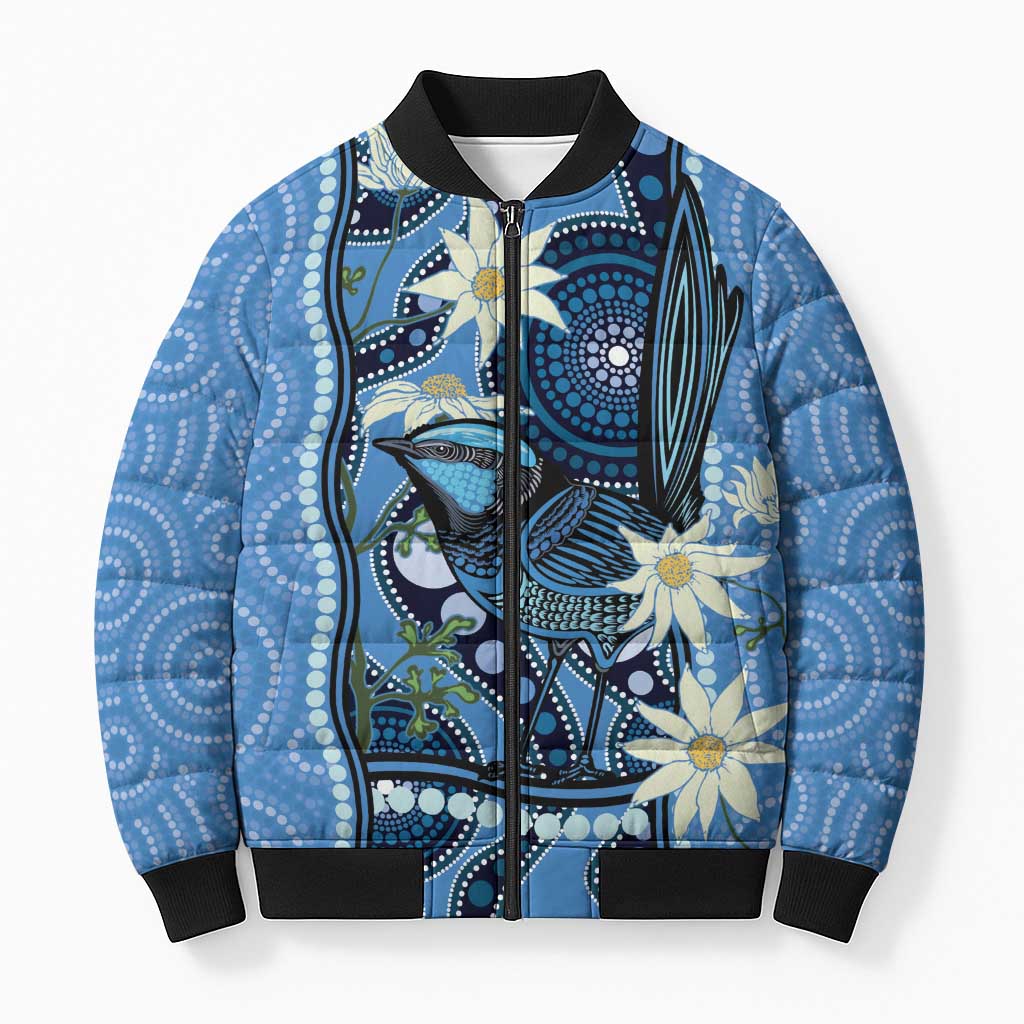 Australia Flannel Flower With Superb Fairy-wren Bomber Puffer Jacket Aboriginal Art - Aussie Hoodie