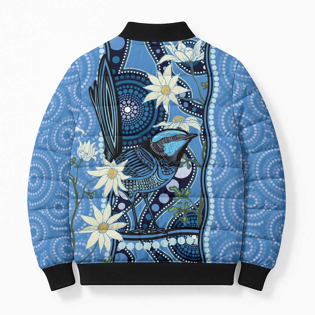 Australia Flannel Flower With Superb Fairy-wren Bomber Puffer Jacket Aboriginal Art - Aussie Hoodie
