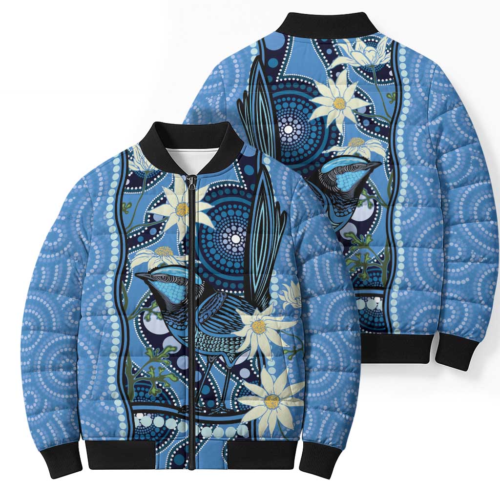Australia Flannel Flower With Superb Fairy-wren Bomber Puffer Jacket Aboriginal Art - Aussie Hoodie
