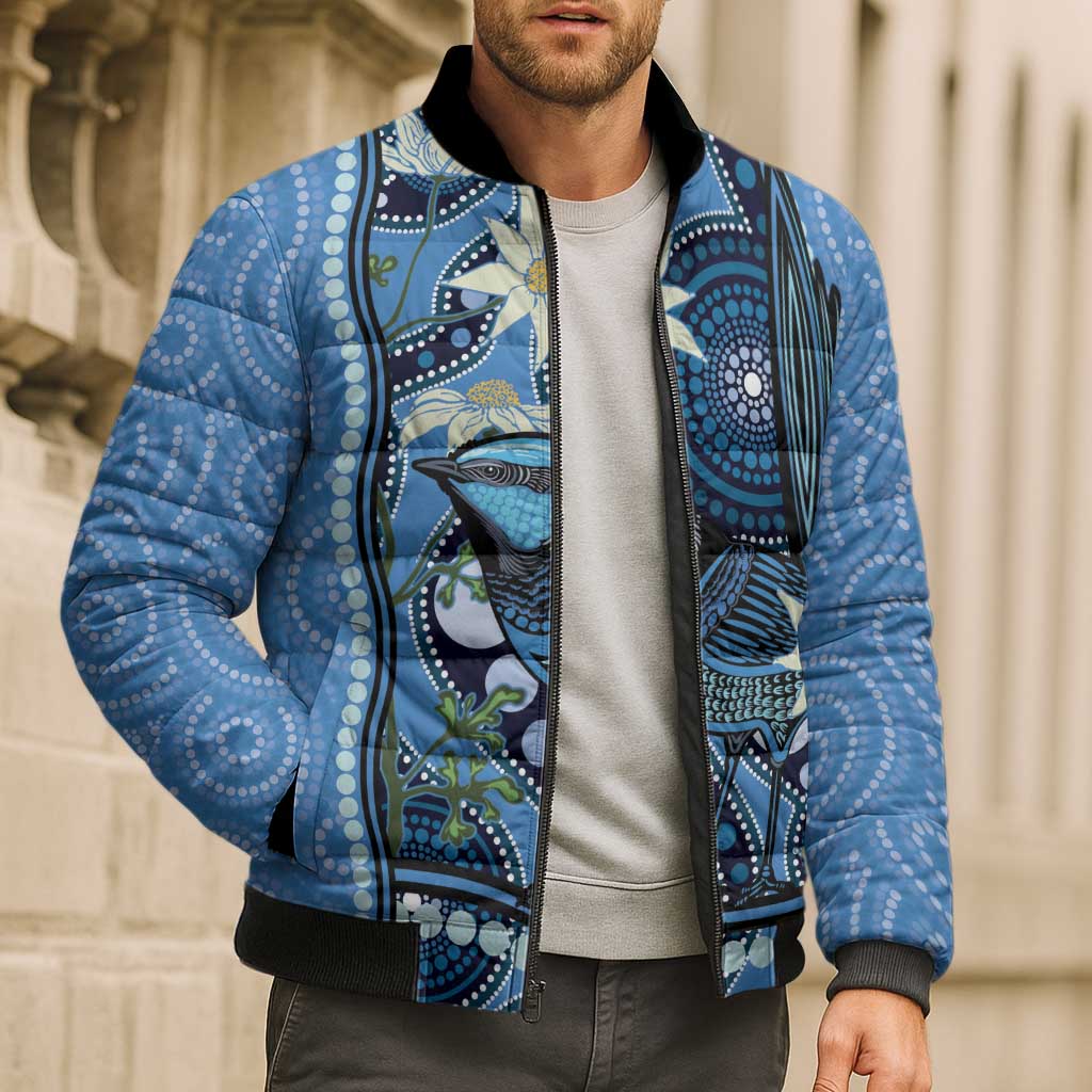 Australia Flannel Flower With Superb Fairy-wren Bomber Puffer Jacket Aboriginal Art - Aussie Hoodie