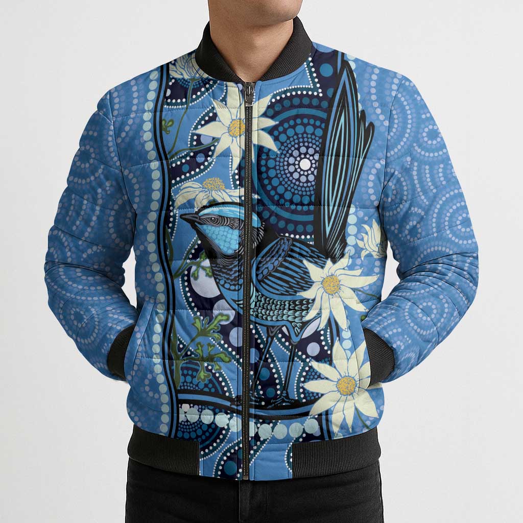 Australia Flannel Flower With Superb Fairy-wren Bomber Puffer Jacket Aboriginal Art - Aussie Hoodie