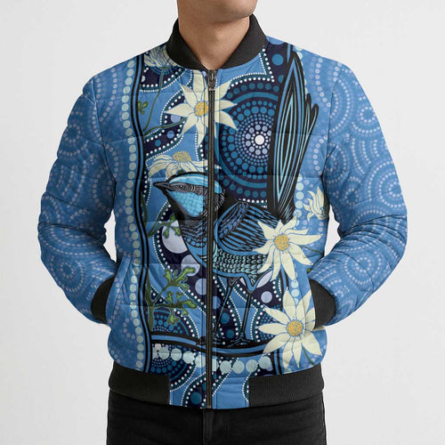 Australia Flannel Flower With Superb Fairy-wren Bomber Puffer Jacket Aboriginal Art - Aussie Hoodie