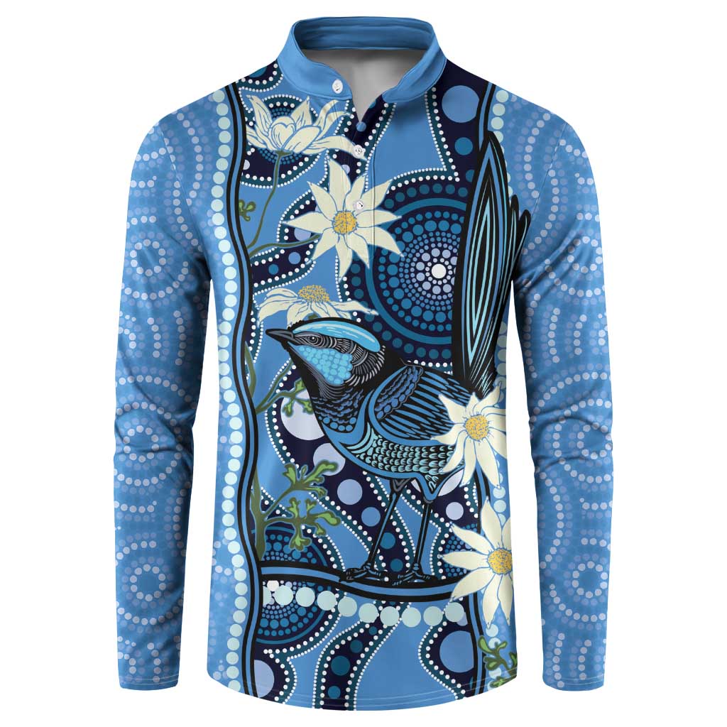 Australia Flannel Flower With Superb Fairy-wren Button Sweatshirt Aboriginal Art