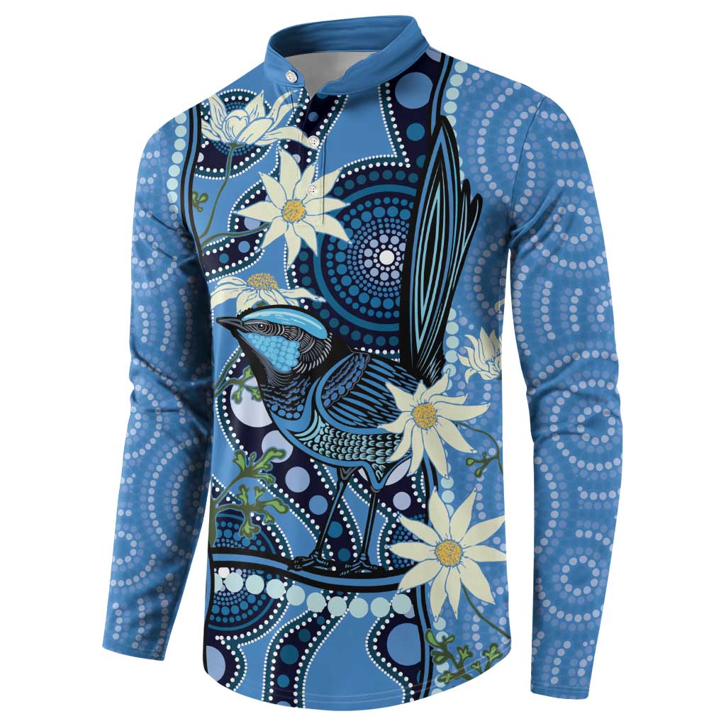 Australia Flannel Flower With Superb Fairy-wren Button Sweatshirt Aboriginal Art