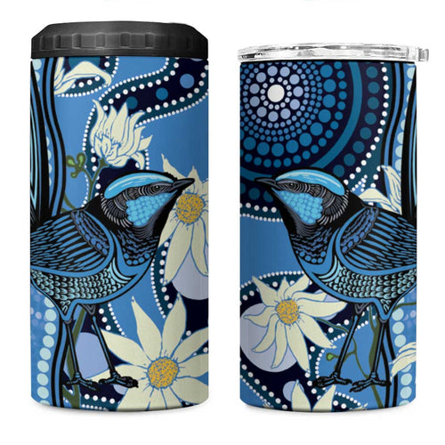 Australia Flannel Flower With Superb Fairy-wren 4 in 1 Can Cooler Tumbler Aboriginal Art