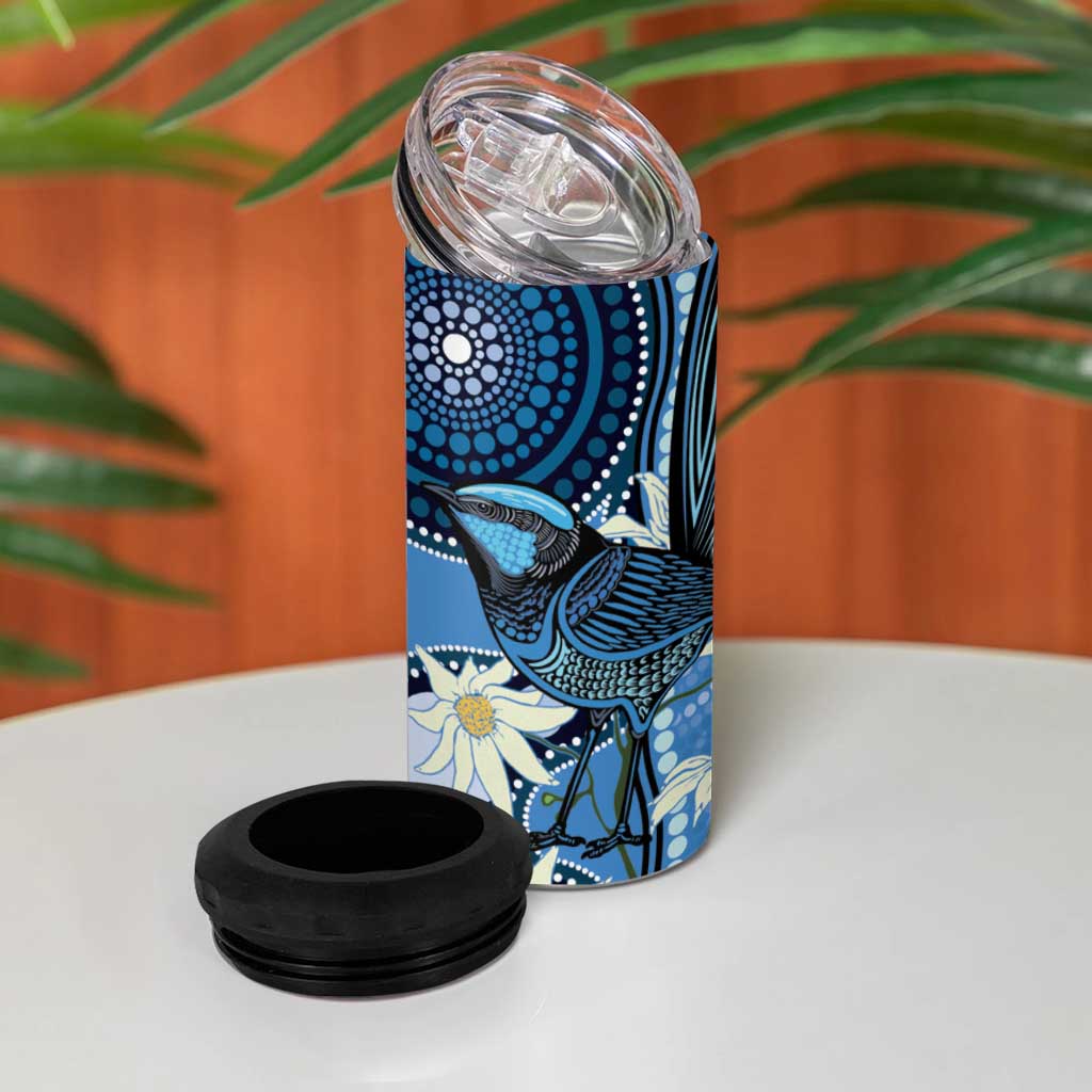Australia Flannel Flower With Superb Fairy-wren 4 in 1 Can Cooler Tumbler Aboriginal Art
