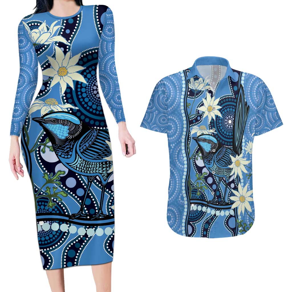 Australia Flannel Flower With Superb Fairy-wren Couples Matching Long Sleeve Bodycon Dress and Hawaiian Shirt Aboriginal Art