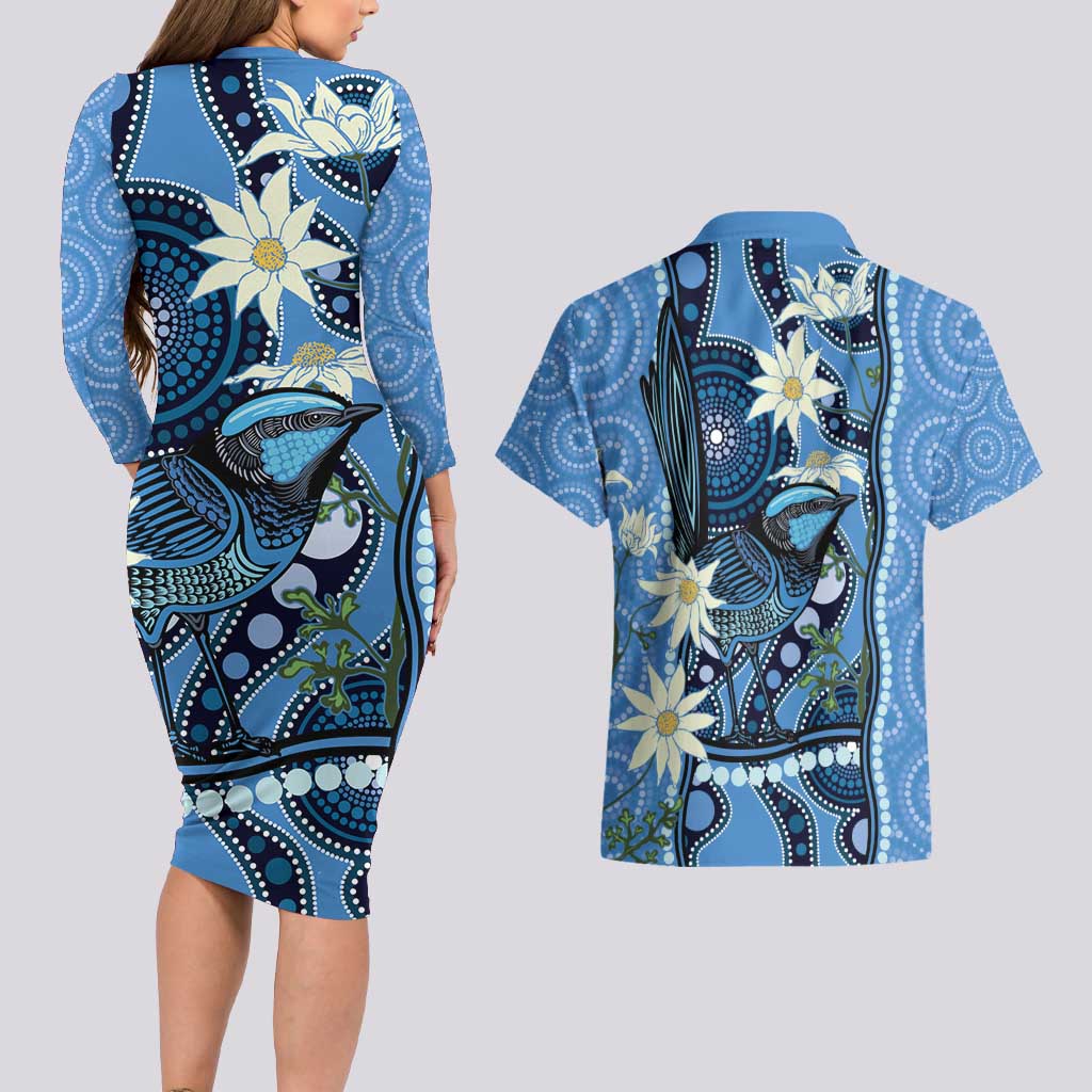 Australia Flannel Flower With Superb Fairy-wren Couples Matching Long Sleeve Bodycon Dress and Hawaiian Shirt Aboriginal Art