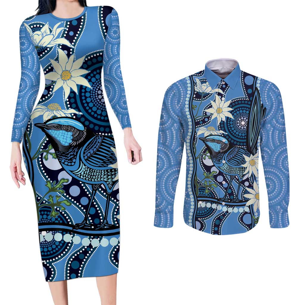 Australia Flannel Flower With Superb Fairy-wren Couples Matching Long Sleeve Bodycon Dress and Long Sleeve Button Shirt Aboriginal Art
