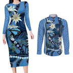 Australia Flannel Flower With Superb Fairy-wren Couples Matching Long Sleeve Bodycon Dress and Long Sleeve Button Shirt Aboriginal Art