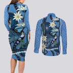 Australia Flannel Flower With Superb Fairy-wren Couples Matching Long Sleeve Bodycon Dress and Long Sleeve Button Shirt Aboriginal Art