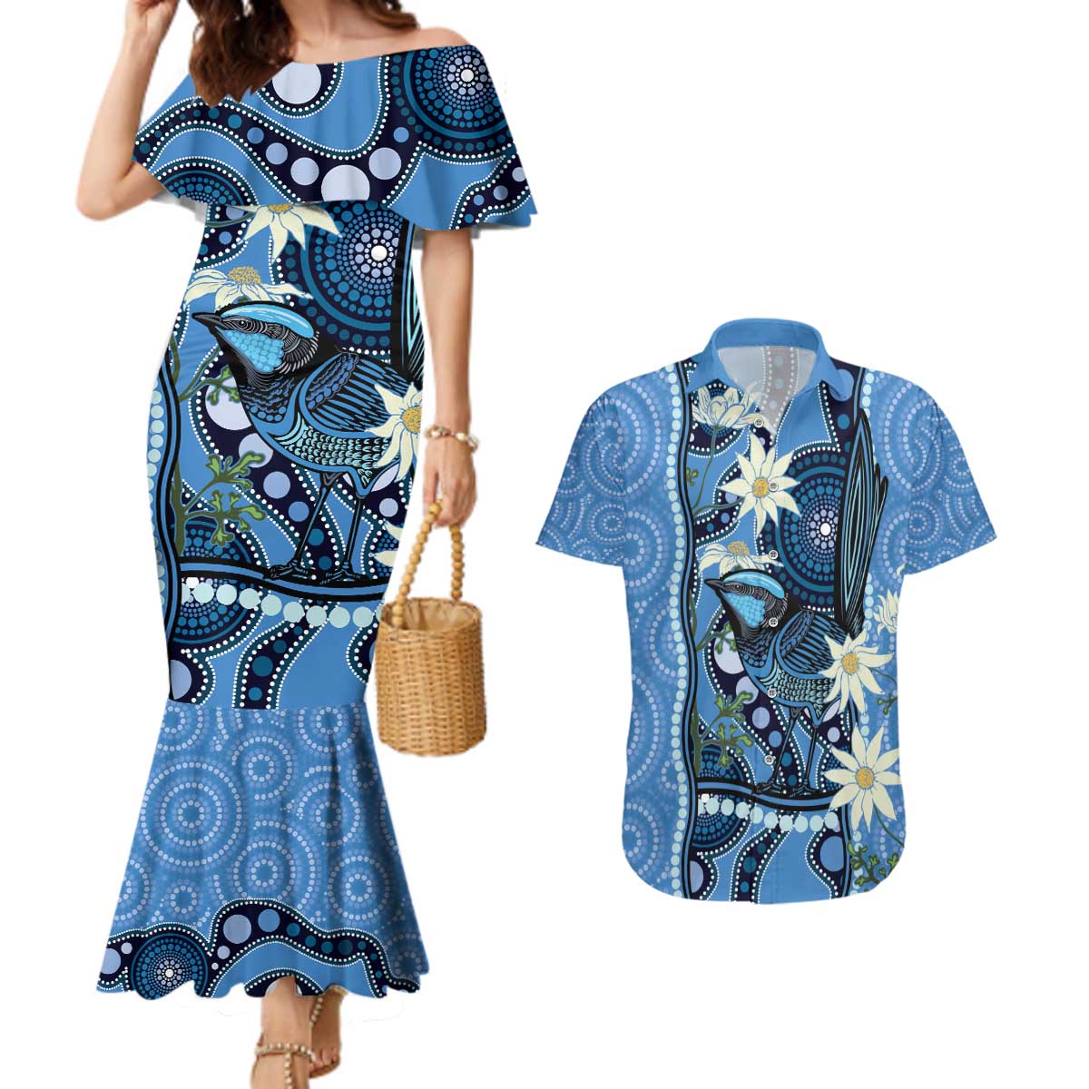 Australia Flannel Flower With Superb Fairy-wren Couples Matching Mermaid Dress and Hawaiian Shirt Aboriginal Art