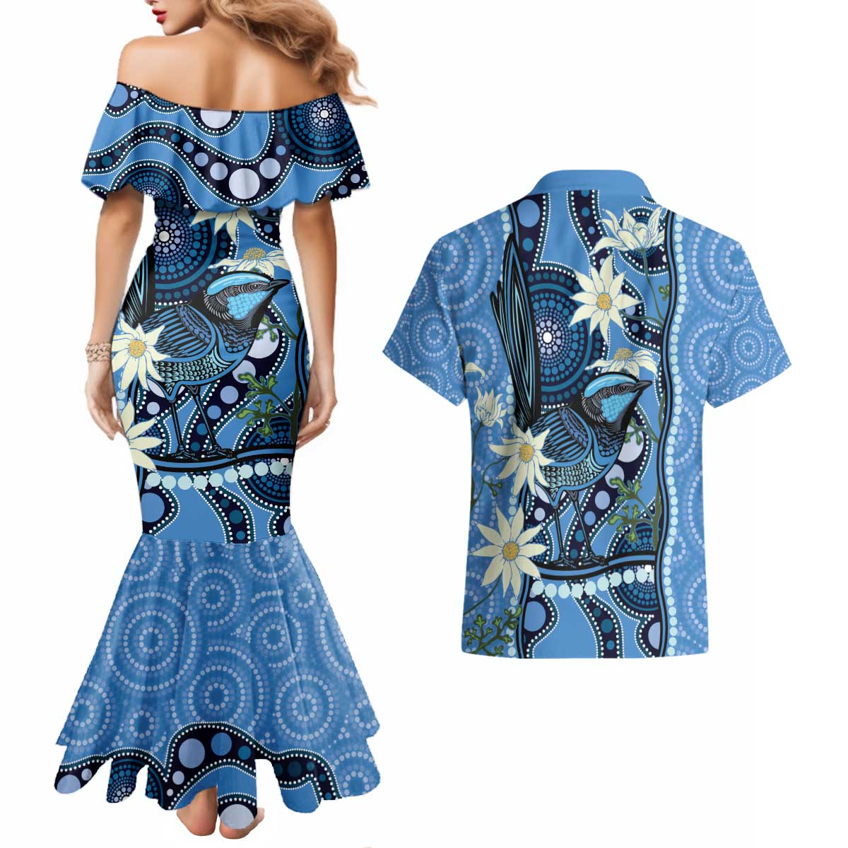 Australia Flannel Flower With Superb Fairy-wren Couples Matching Mermaid Dress and Hawaiian Shirt Aboriginal Art