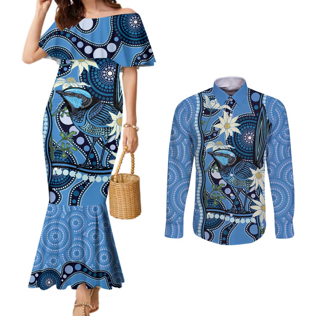 Australia Flannel Flower With Superb Fairy-wren Couples Matching Mermaid Dress and Long Sleeve Button Shirt Aboriginal Art