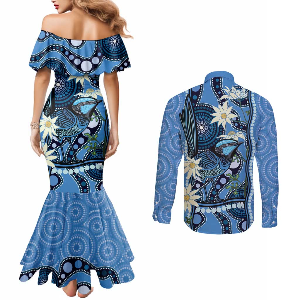 Australia Flannel Flower With Superb Fairy-wren Couples Matching Mermaid Dress and Long Sleeve Button Shirt Aboriginal Art