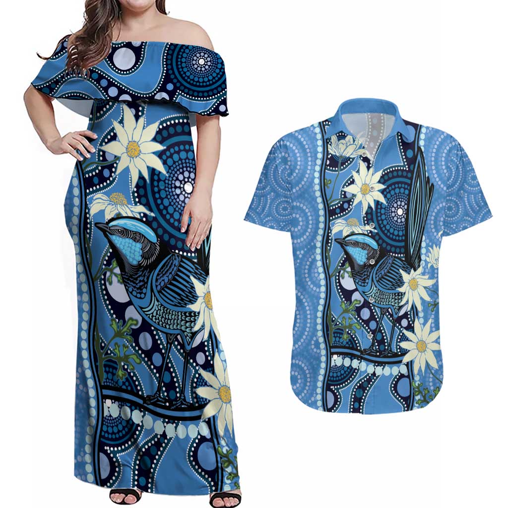 Australia Flannel Flower With Superb Fairy-wren Couples Matching Off Shoulder Maxi Dress and Hawaiian Shirt Aboriginal Art