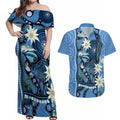 Australia Flannel Flower With Superb Fairy-wren Couples Matching Off Shoulder Maxi Dress and Hawaiian Shirt Aboriginal Art