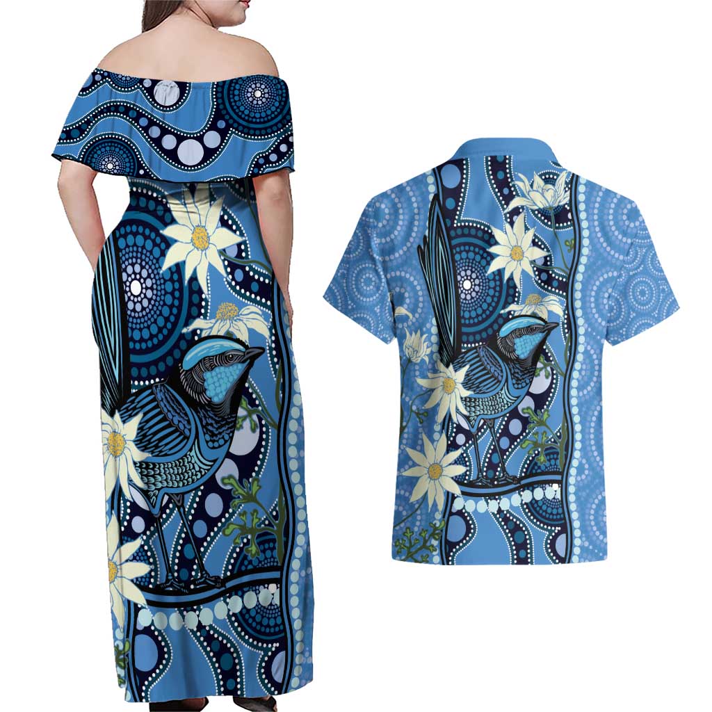 Australia Flannel Flower With Superb Fairy-wren Couples Matching Off Shoulder Maxi Dress and Hawaiian Shirt Aboriginal Art